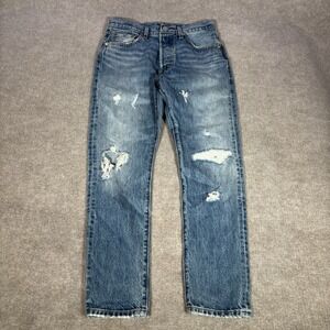 Levis 501 S Jeans Womens 28x28 White Oak Cone Blue Denim Selvedge Distressed